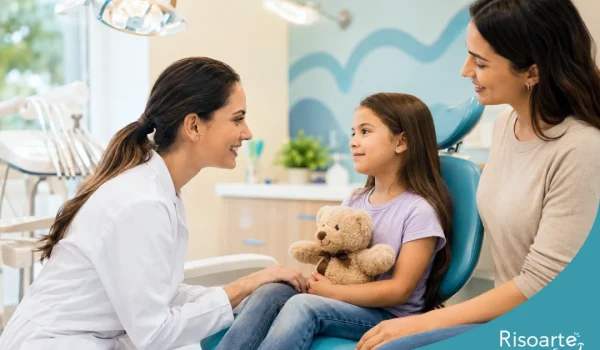 Dentista conversando com criança durante consulta de odontopediatria na Mooca