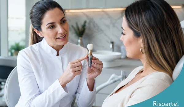 Dentista explicando implante dentário seguro para paciente em clínica na Mooca